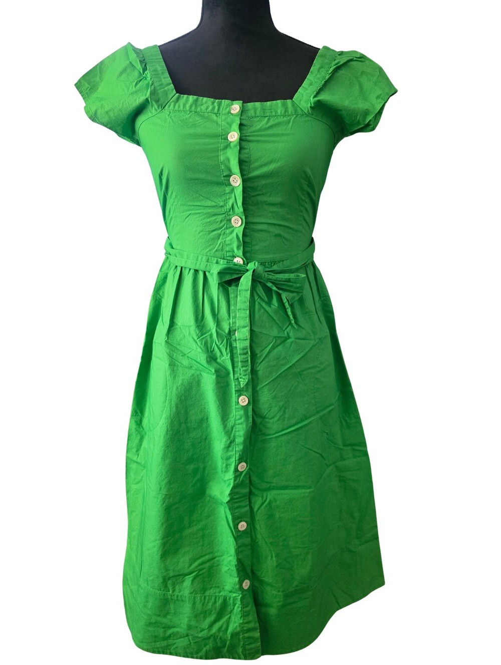 J. Crew Green Button-Front Square Neck Midi Dress with Tie Waist Size 00